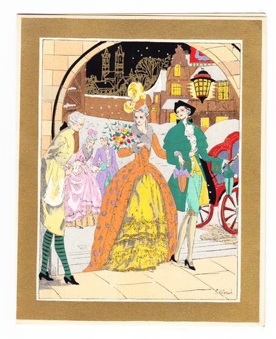 1920 dolaylarında Regency elbiseli bir çift ziyaretçiyi selamlayan bir uşak tasvir eden elle boyanmış bir Fransız Pochoir Noel Kartı by English School