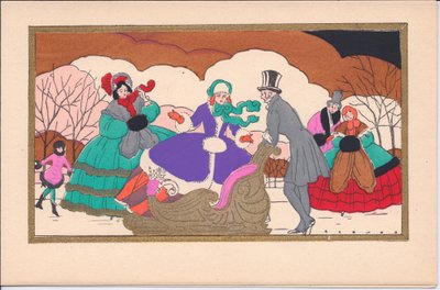 1920 dolaylarında, bir kızak ile Victoria buz patencilerinin elle boyanmış bir Fransız Pochoir Noel kartı by English School