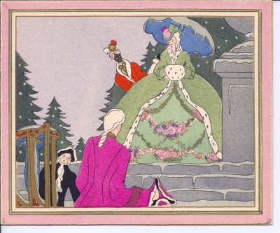 1920 dolaylarında, bir sedan sandalyeden inen ve ermin kürk astarlı bir bayan tarafından siyah hizmetçisiyle karşılanan bir adamın el boyaması bir Fransız Pochoir Noel kartı. by English School