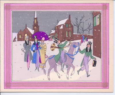 El boyaması bir Fransız Pochoir Noel kartı, bir eşeğin elinde fenerli, silindir şapkalı bir adam tarafından yönetildiği ve av borusunu üfleyen bir adam tarafından sürüldüğü 1920 dolaylarında by English School