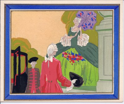 Büyük bir hanımefendinin arabasına binmesini bekleyen peruklu bir adam ve uşağın resmedildiği el boyaması Fransız Pochoir tebrik kartı, 1920 civarı (şablon) by English School