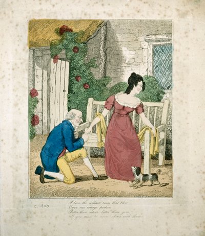 1800 dolaylarında evlenme teklif eden bir adamın elle boyanmış taş baskılı sahnesi by English School