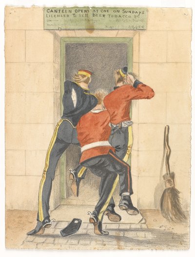 Bir hafif süvari eri, bir piyade ve bir ejderha, hepsi soyunmuş üniformalı, bir kantinin girişine doğru çabalıyor, 1890 dolayları by English School