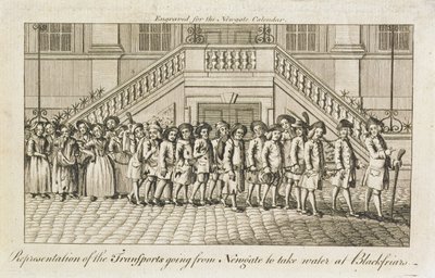 Newgate Hapishanesi, Old Bailey'den bir dizi zincirleme mahkum, ulaşım için Blackfriars'a götürülüyor, c.1760 by English School