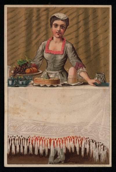 Bir hizmetçi ya da hizmetçi kız yemek, tebrik kartı ile bir masa hazırlıyor. (kromolito) by English School