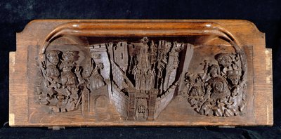 Yükseltilmiş parmaklıklı bir ağ geçidi olan duvarlı bir kasabayı betimleyen bir misericord, New College Chapel, Oxford, 14. yüzyılın sonları (ahşap) by English School
