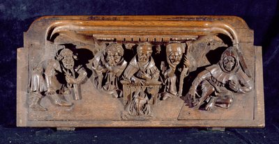 Bir panel masasında oturmuş, diz çökmüş bir tövbekâra nasihat veren bir akademisyeni betimleyen bir misericord, New College Chapel, Oxford, 14. yüzyılın sonları (ahşap) by English School