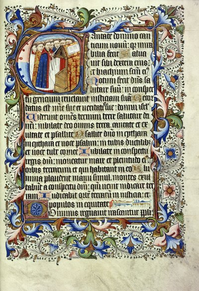 Latince bir mezmurdan bir sayfa, bir kürsü ilahisi önünde duran bir grup keşişi betimleyen tarihi bir başlangıç, c.1455 by English School