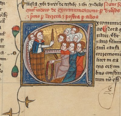 Bir mum kaldırarak insanları aforoz eden bir rahip, Kraliyet MS 6 E VII, f.75v (vellum) by English School