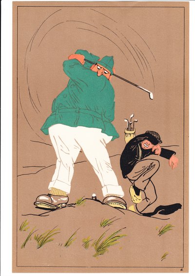 Komik ve esprili duruşlarda iki golfçünün baskısı, c.1920 by English School