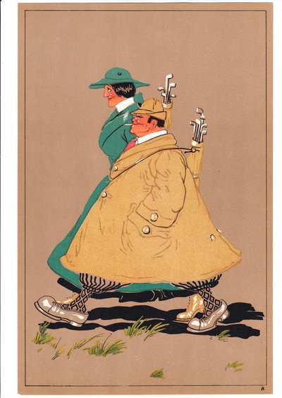 Komik ve esprili duruşlarda iki golfçünün baskısı, c.1920 by English School