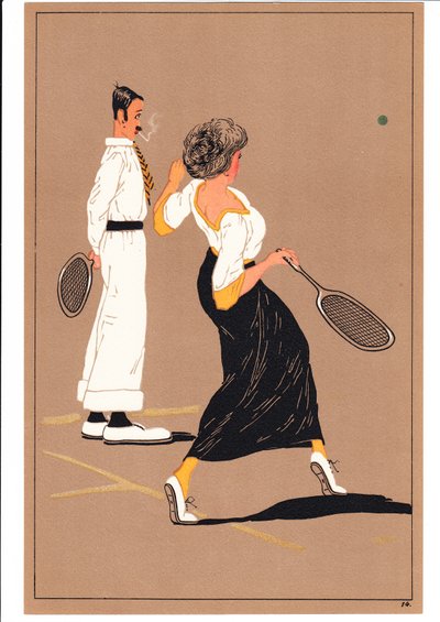 İki tenis oyuncusunun komik ve mizahi duruşlarını gösteren bir baskı, c.1920 (renkli taş baskı) by English School