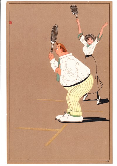 Komik ve esprili duruşlarda iki tenisçinin baskısı, c.1920 by English School