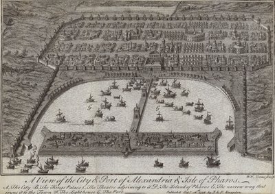 İskenderiye ve Pharos Adası şehir ve limanından bir görünüm, Mısır, 1738 by English School