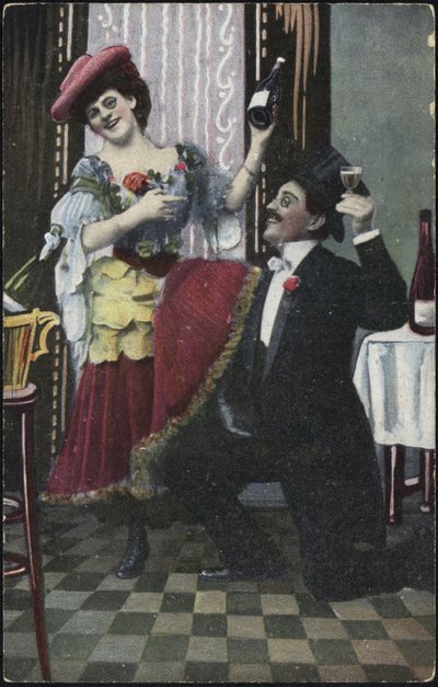 Gülerken resmedilen iyi giyimli bir çift by English School