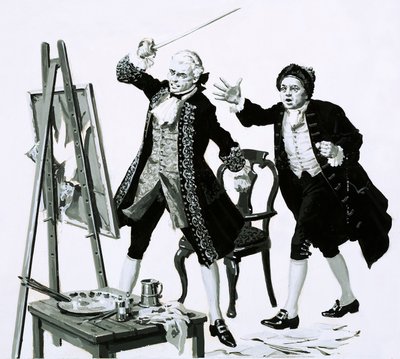 Genç bir adam, Hogarth tarafından babasının hiç de hoş olmayan bir portresini kılıçla kesti (kağıt üzerinde guaj boya) by English School
