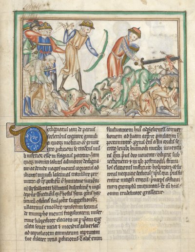 35166 f.35 Katledilen insanlar, St. John Apocalypse'den İncil sahneleri, yorumlu Latince Apocalypse ekleyin (parşömen üzerine mürekkep ve renk) by English School