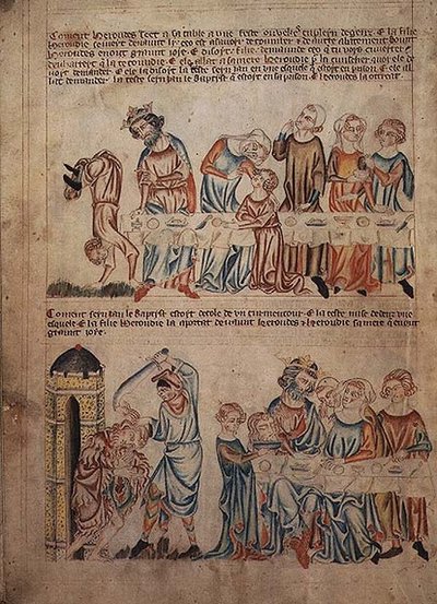 Ekle 47682 f.21v Salome, Herod ve Vaftizci Yahya'nın ölümünden önce dansı, 'Holkham İncil'inden, c.1320-30 (parşömen) by English School