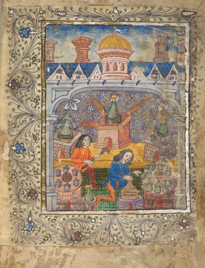 MS 10302 f.37v f ekleyin. 1r Kubbeli ve bacalı bir çatının altında iki adam tarafından yönetilen imbikli yedi fırın, c.1477 (parşömen) by English School