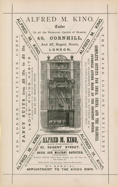 Alfred M Kino, terzi, 40 Cornhill ve 87 Regent Street, Londra için ilan by English School