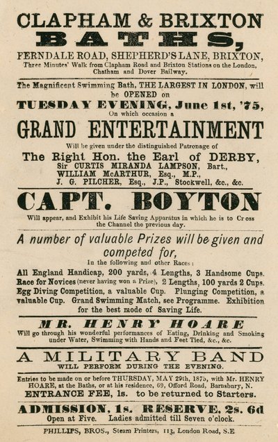 Clapham and Brixton Baths, Ferndale Road, Shepherds Lane, Brixton, Londra için ilan; Kaptan Boyton