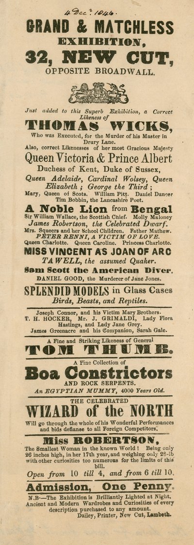 Fergusons Grand ve Oriental Promenade and Exhibition, 32 New Cut, Lambeth, Londra İlanı by English School