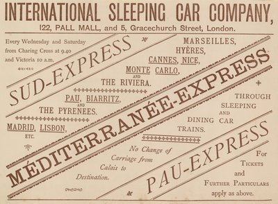 International Sleeping Car Company, 122 Pall Mall ve 5 Graceshurch Street için ilan, 1888 by English School