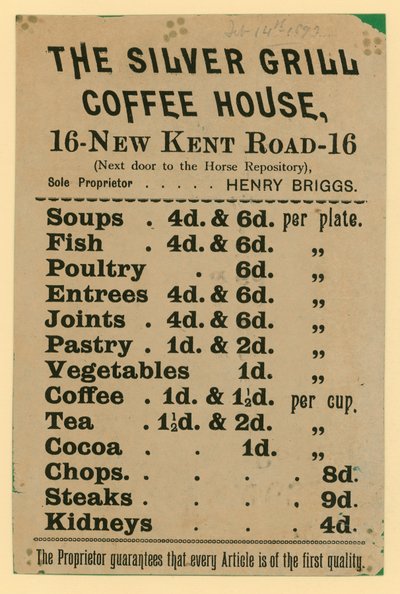 The Silver Grill Coffee House, 16 New Kent Road, Londra İlanı by English School