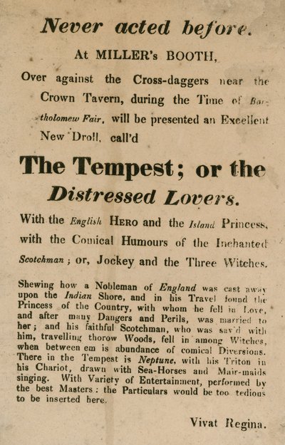 The Tempest için Reklam; veya Crown Tavern yakınlarındaki Millers Booth, Cross Daggers