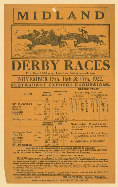 Midland Derby Yarışlarına yapılacak demiryolu gezisi için reklam, 15-17 Kasım 1922 by English School