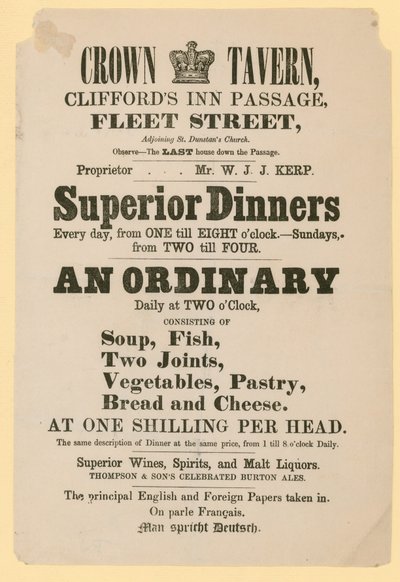 Crown Tavern, Cliffords Inn Passage, Fleet Street, Londra için reklam by English School