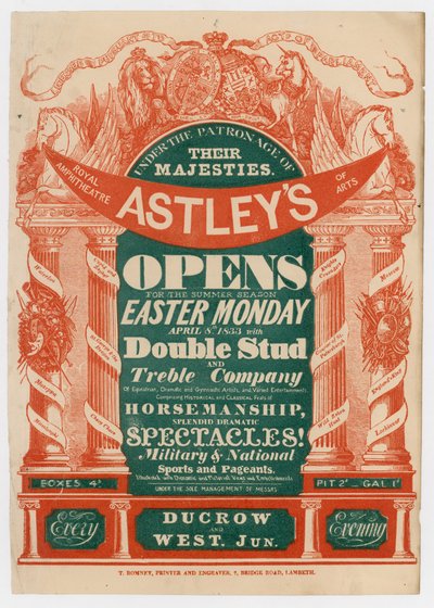 Astleys Amfitiyatrosu, Yaz Sezonu için açılan reklam, 8 Nisan 1833 by English School