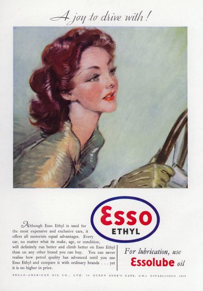 Esso Ethyl Oil reklamı, çekici bir kadının araba kullanmasını gösteriyor, 1937 by English School