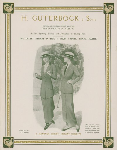 H Guterbock & Sons, bayan spor terzileri ve binicilik kiti (renkli litho) uzmanları için reklam by English School