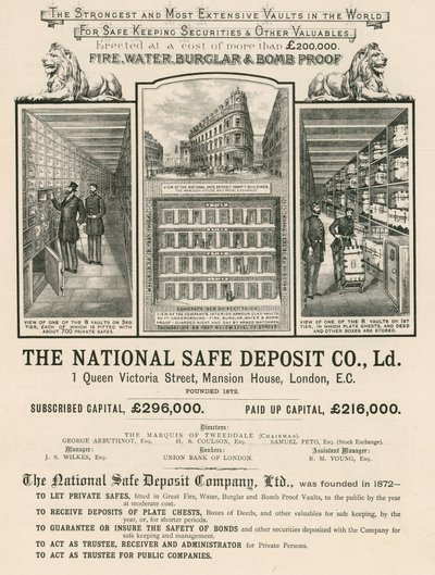The National Safe Deposit Company, 1 Queen Victoria Street, Mansion House, Londra için Reklam by English School