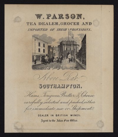 W Parson, çay satıcısı, bakkal ve İrlanda erzakları ithalatçısı, Southampton, Hampshire için reklam by English School