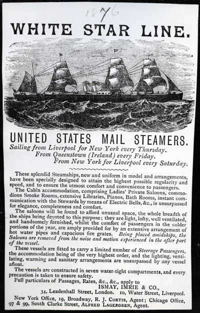 White Star Line reklamı, 1876 (basılı kağıt) by English School