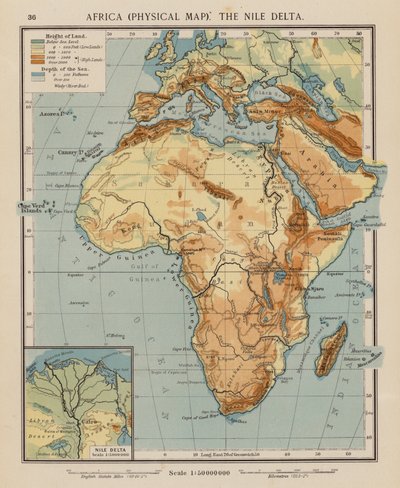 Afrika, Fiziki Harita, Nil Deltası (renkli taş baskı) by English School