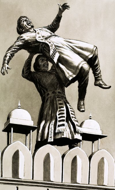 Hindustan Kralı Ekber, katil Adham Khan'ı sarayın tepesinden attı (kağıt üzerine guaj boya) by English School