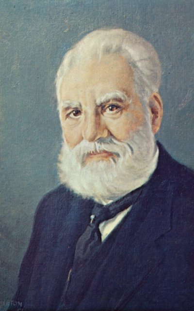 Alexander Graham Bell (1847-1922), İskoç bilim adamı ve mucit (renkli taş baskı) by English School