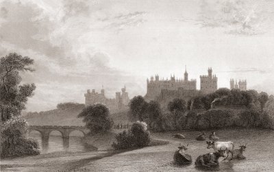 Alnwick Kalesi, Alnwick, Northumberland, İngiltere, 19. yüzyılın başlarında. Harry Potter filmlerinde mekân olarak kullanılır. Churton'ın Portre ve Manzara Galerisi'nden, 1836'da yayınlandı. by English School