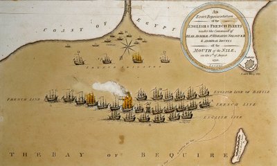 Tuğamiral Nelson Komutasındaki İngiliz ve Fransız Filolarının Nil Ağzında Tam Bir Temsili (renkli gravür) by English School