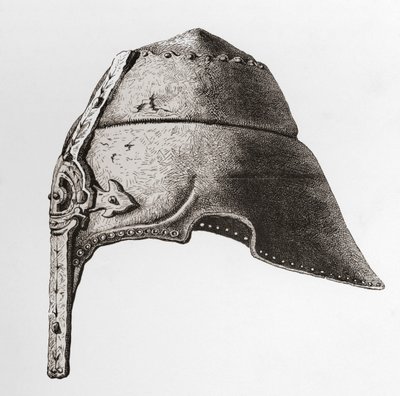 The British Army: Its Origins, Progress and Equipment'tan 12. yüzyılın başlarından bir Nazal Miğfer, 1868'de yayınlandı. by English School