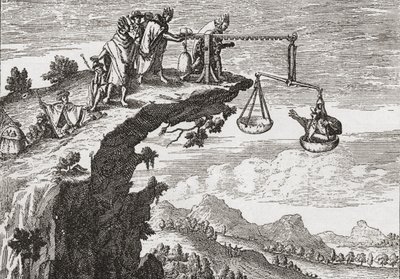 Theodorus de Bry'nin 16. yüzyıla ait bir çiziminden sonra, suçlulardan zorla itiraf almanın alışılmadık bir yöntemi. Sahne, suçluyu adaletsizliğin terazisinde otururken, bir rahip itirafını almaya hazır bir şekilde uçurumun üzerinden eğilirken gösterir by English School
