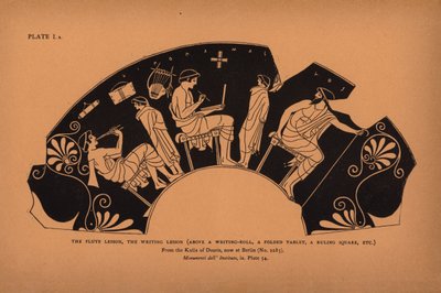 Antik Yunan Eğitimi: Flüt dersi, yazı dersi, bir yazı rulosunun üzerinde, katlanmış bir tablet, bir cetvel karesi, ... (lito) by English School