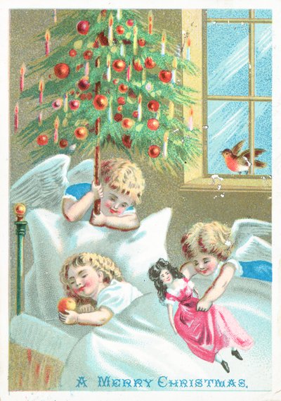 Yatakta çocuğu izleyen melekler, Noel Kartı by English School