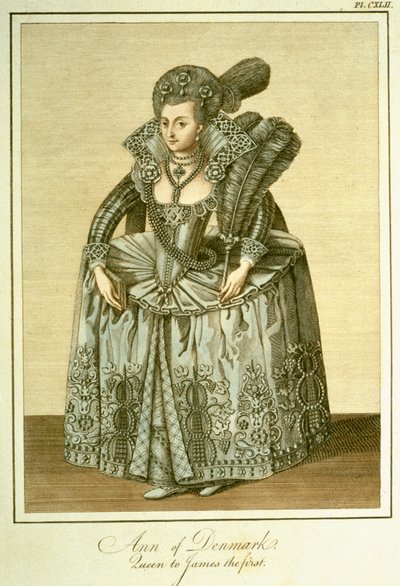 Danimarkalı Anne (1574-1619) James I'in karısı, İngiltere Halkının Kıyafet ve Alışkanlıklarının Tam Görünümü'nden örnekleme Cilt II, 1799'da yayınlandı by English School