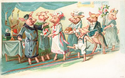 Bir partiye vardıklarında karşılanan antropomorfik domuzlar by English School