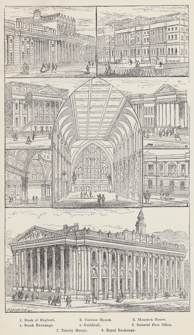 İngiltere Bankası, Gümrük Binası, Malikane Evi, Menkul Kıymetler Borsası, Guildhall, Genel Postane, Trinity House, Kraliyet Borsası (gravür) by English School