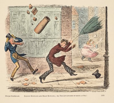 Barney Buntline ve Billy Bowling; veya, Denizde Olmanın Avantajları, pub. 1835 (el renkli gravür) by English School